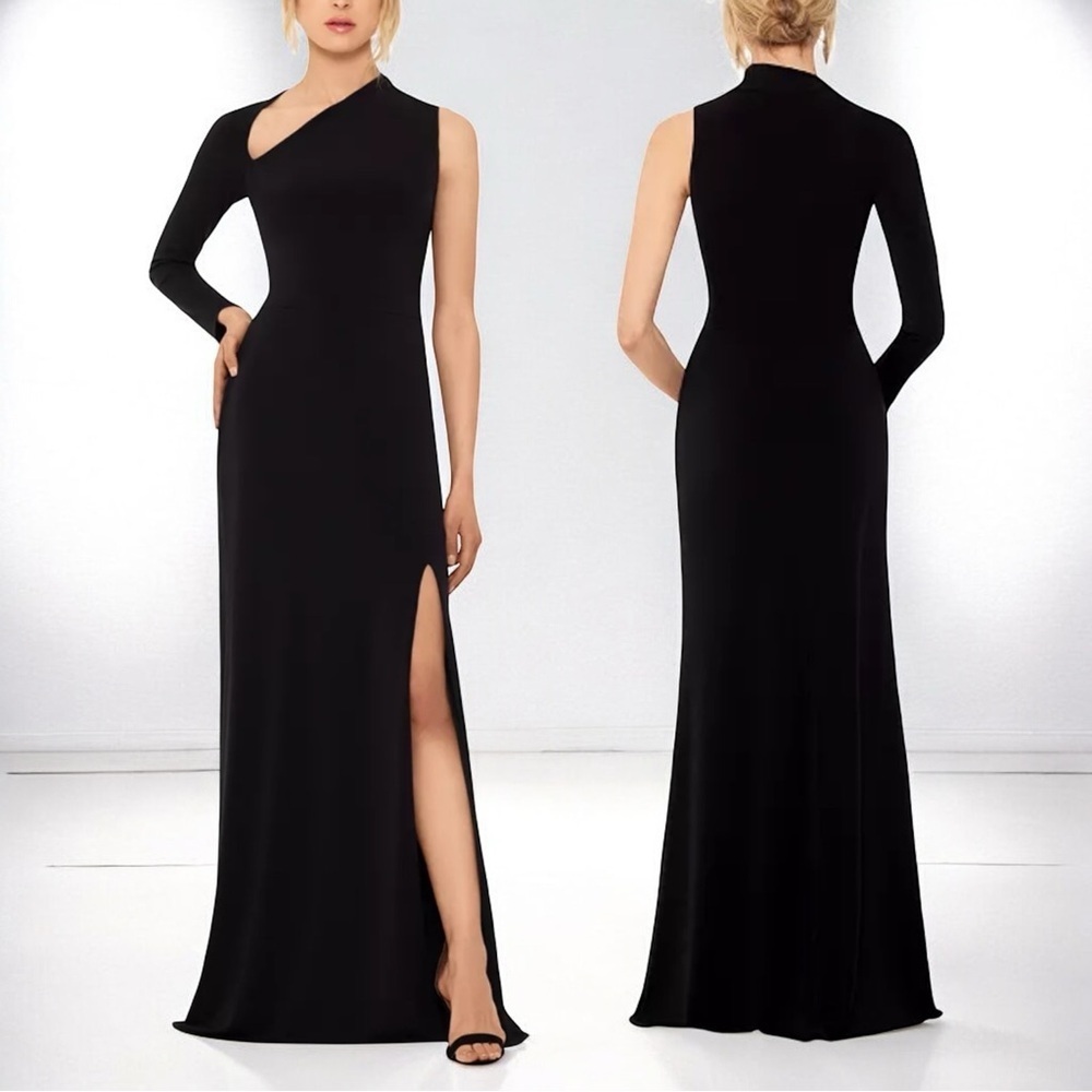 🌻NEW w/tags Betsy & Adam Black One-Sleeve Gathered Gown Size 14W | $229 Retail